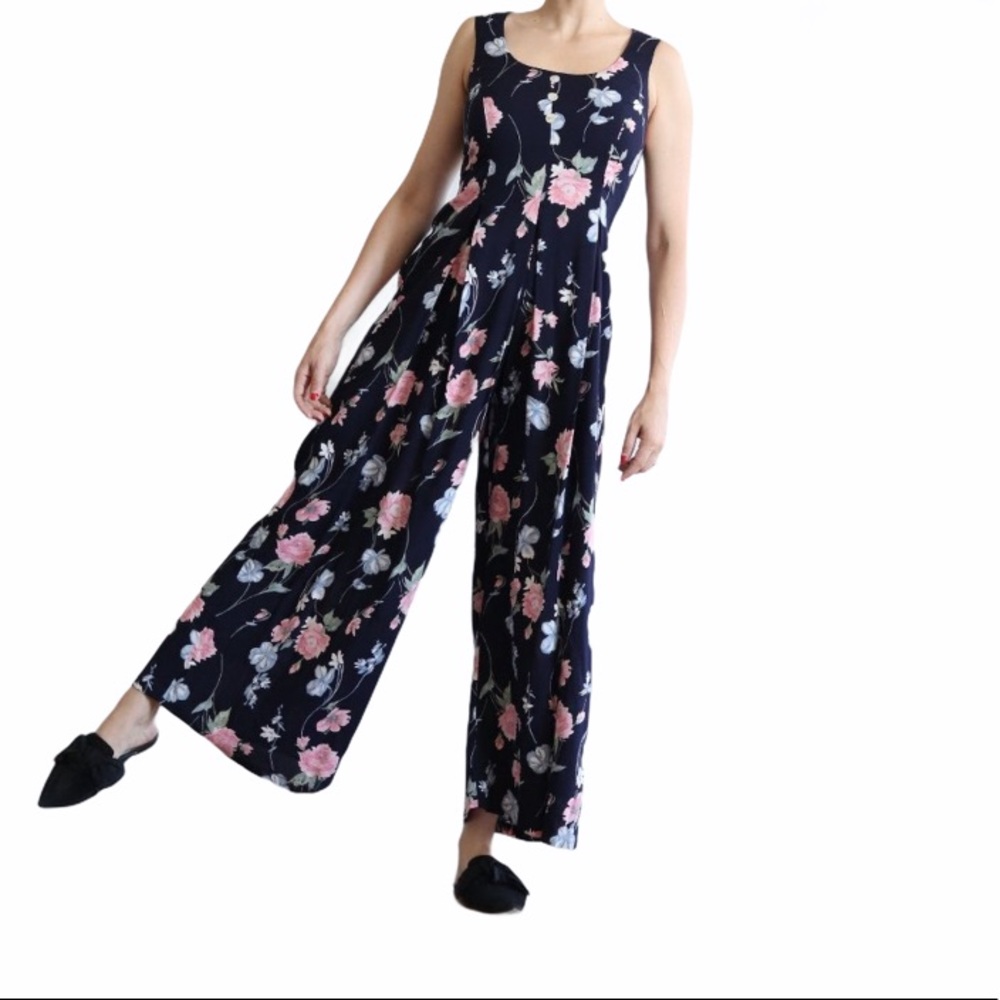 Vintage Jeffrey & Dara Wide Leg navy blue floral jumpsuit size 10 - Picture 2 of 16